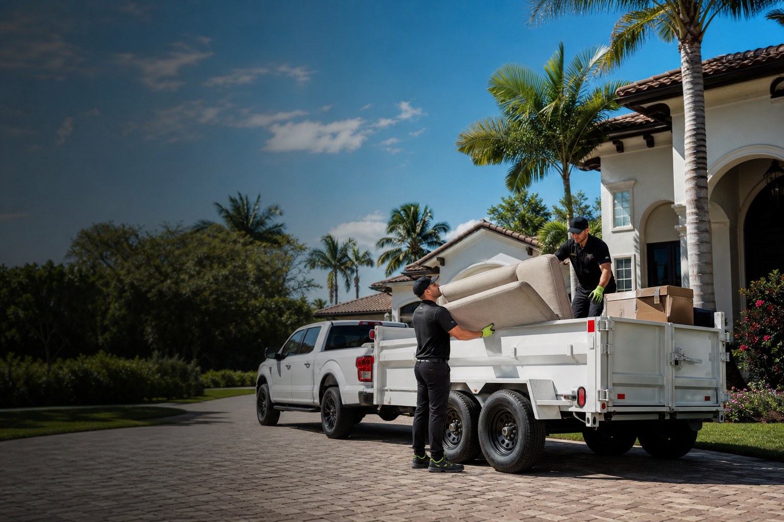 Junk removal crew loading furniture into a dump trailer at a South Florida home